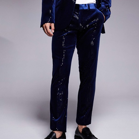 ASOS DESIGN skinny suit trousers in velvet sequin in navy - Picture 2 of 4